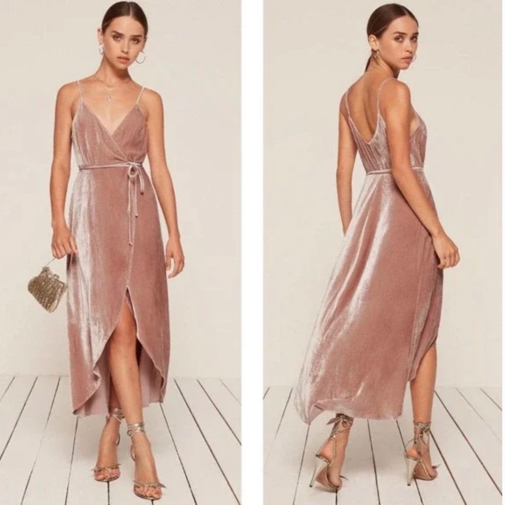 Reformation Pink Velvet Wrap Dress